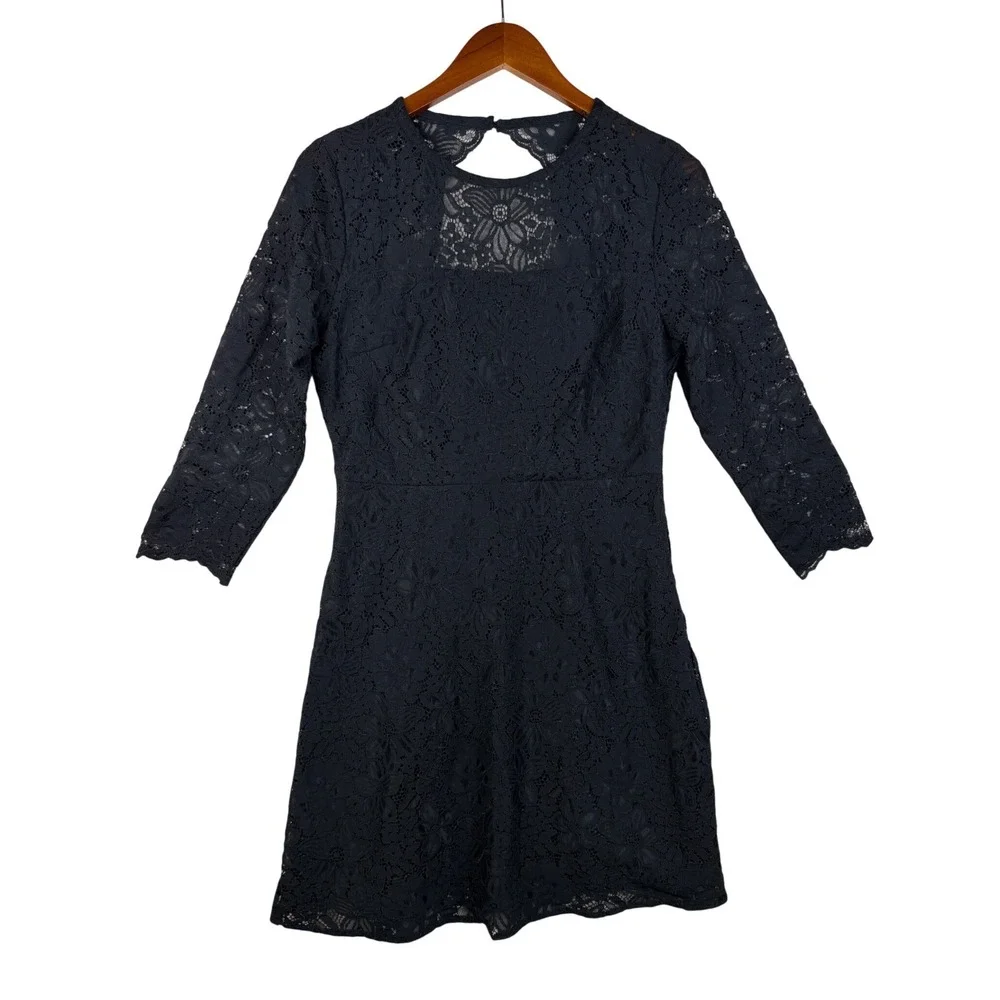 New Loft Floral Lace Detail Long‎ Sleeve Dress size 2 Black